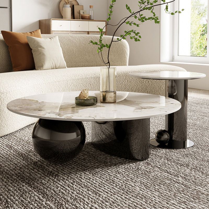 Glam Round Slate Cocktail Table Stainless Steel Abstract Coffee Table