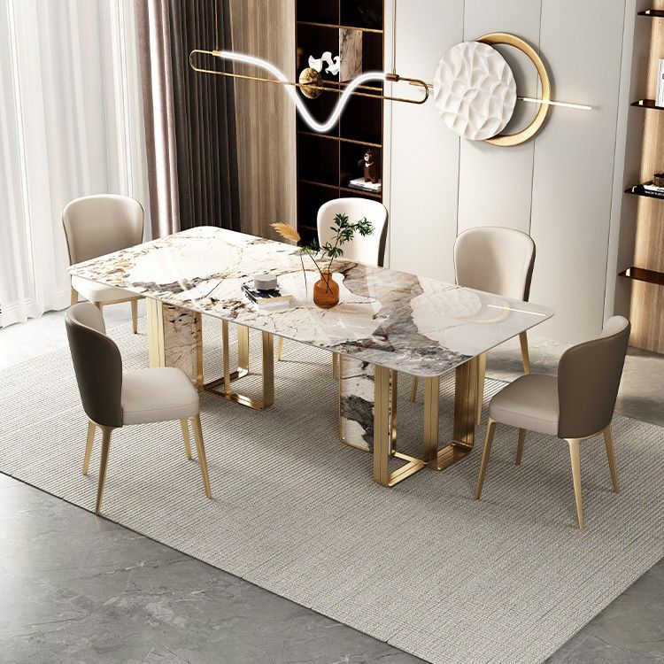 Luxury Style Sintered Stone Dining Table Double Pedestal Base Rectangle Table