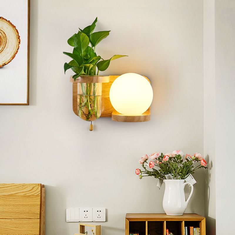 Contemporary Wooden Wall Sconce Simple Wall Light with Glass Shade without Plants