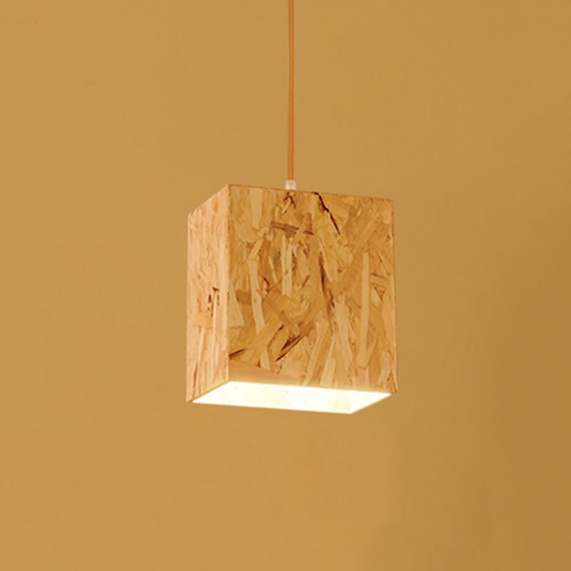 Cube Stranded Wood Ceiling Light Simple 1 Bulb Beige Hanging Light Fixture over Dinette