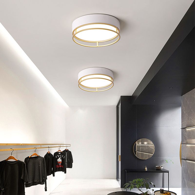 Modernisme Drum Flush Mount Verlichting Metaal Corridor Wit LED Plafond Licht, Warm/White/3 Kleur Licht