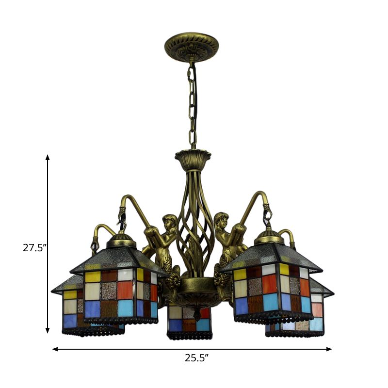 Lustre en Bronze Antique à 5 lumières, luminaire suspendu en verre teinté Tiffany pour salle à manger