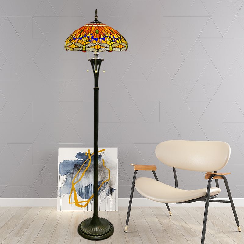 Lampada da pavimento di lettura di libellula in vetro colorato barocco a 3 teste gialla/blu/verde catena di tiro in piedi con ombra a cupola