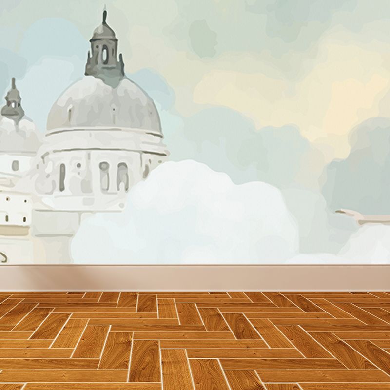 Whole Houses Drawing Mural Childrens Art Cute Architecture Wall Covering in Pastel Color