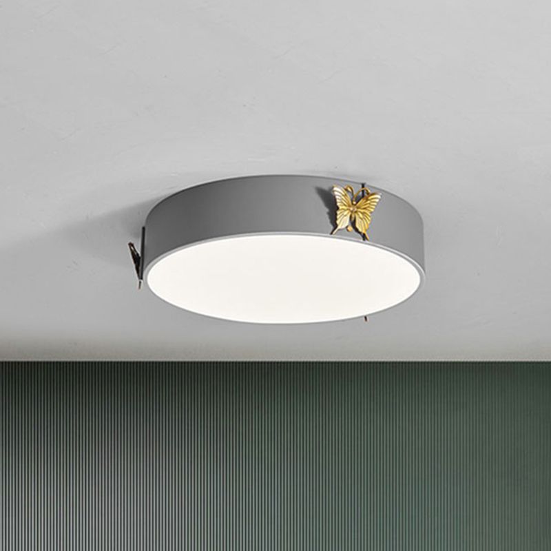Drum Ceiling Mounted Light Nordic Metal LED Bedroom Flush Lamp Fixture in Grey with Butterfly Deco, White/Warm Light