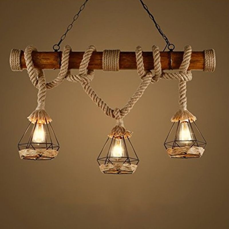 Hemp Rope Pendant Lamp Industrial Style Beige Linear Restaurant over Island Lighting