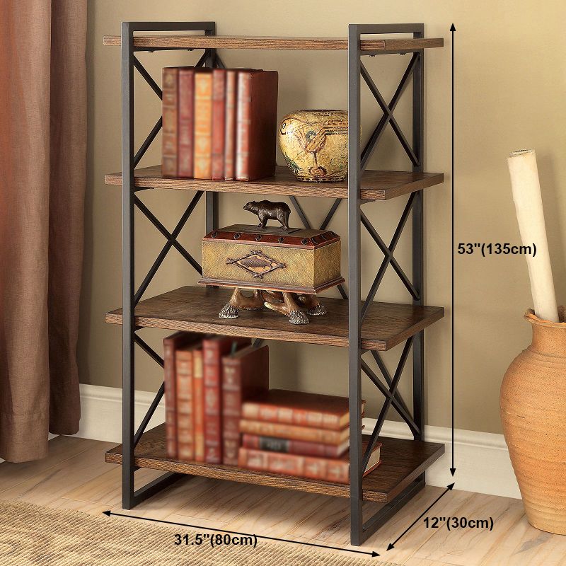 Industrial Open Etagere Bookshelf with Black Iron Frame Solid Wood Shelf