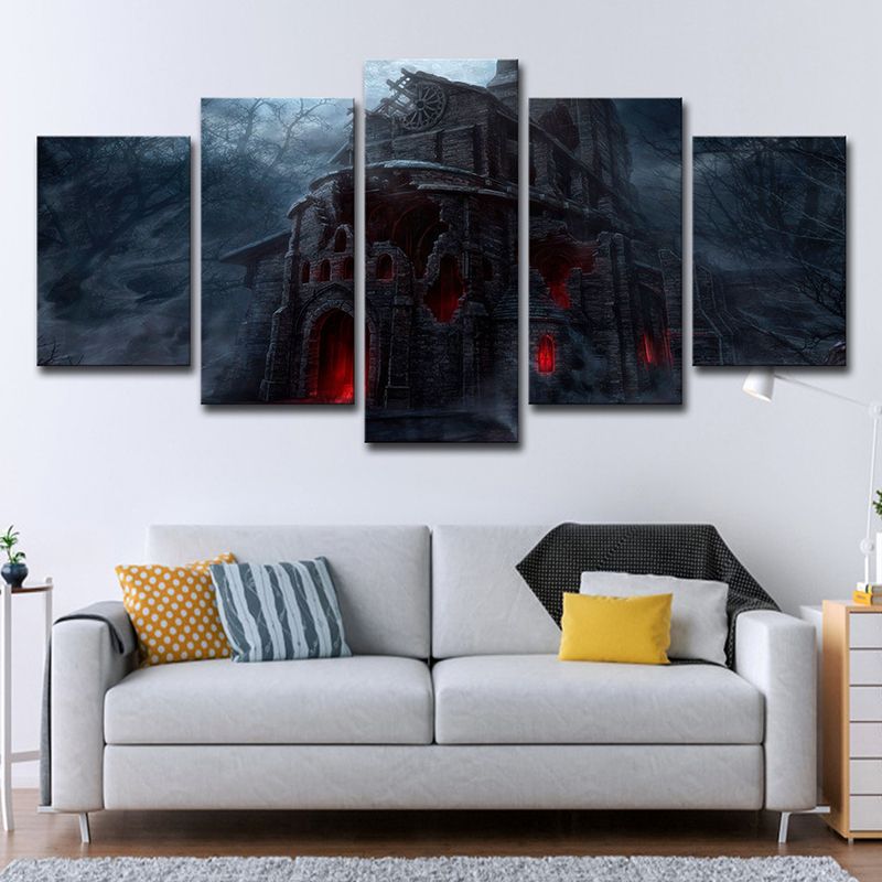 Dreary Night Castle Canvas Art House Interior Halloween Wall Decoration in Black