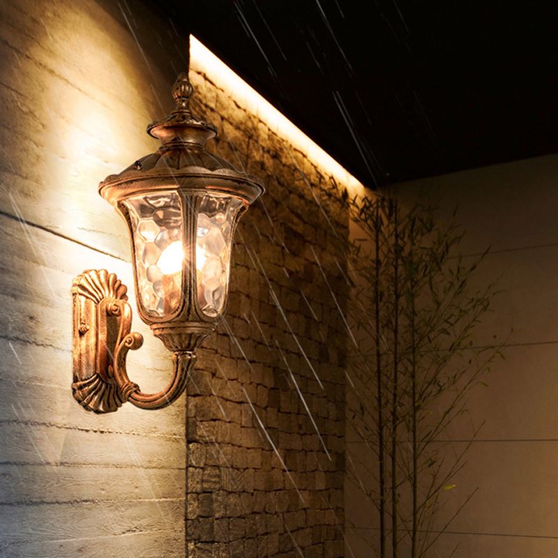 Luz de montaje de pared de campana de bronce, vidrio de ondulación tradicional de 1 luz, iluminación de pared al aire libre