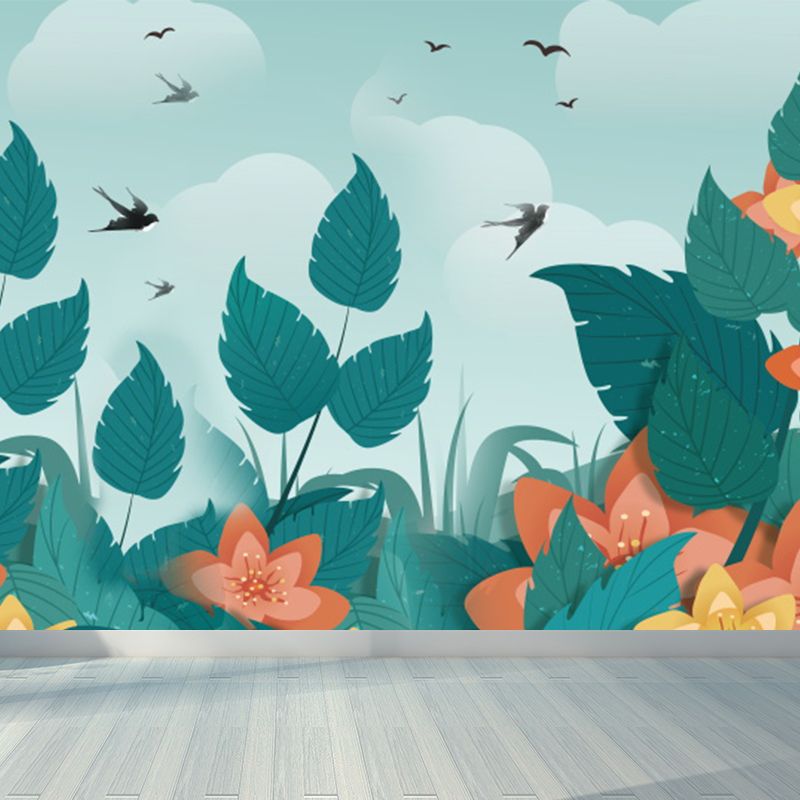 Turquoise Birds and Botanical Mural Moisture Resistant Tropical Bathroom Wall Covering