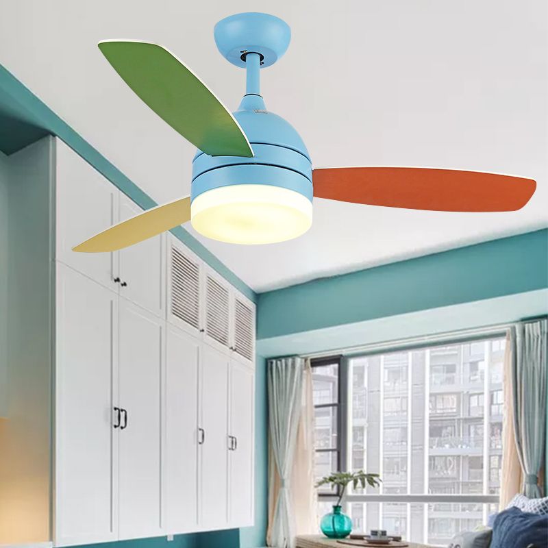 Dome Pendant Fan Lighting Kids Acrylic LED Pink/Blue Semi Flush Mount Light with 3 Colorful Blades for Bedroom, 39" Wide