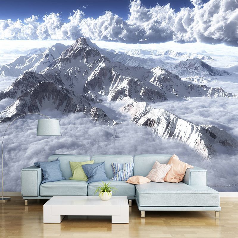 Mountain and Cloud Sea Mural Modern Non-Woven Fabric Wall Decor in White for Home