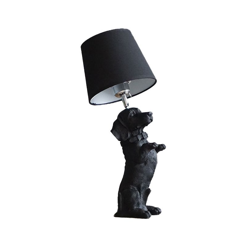 1 Bulb Fabric Night Table Light Traditional Black Drum Bedroom Nightstand Lamp with Resin Dog Base