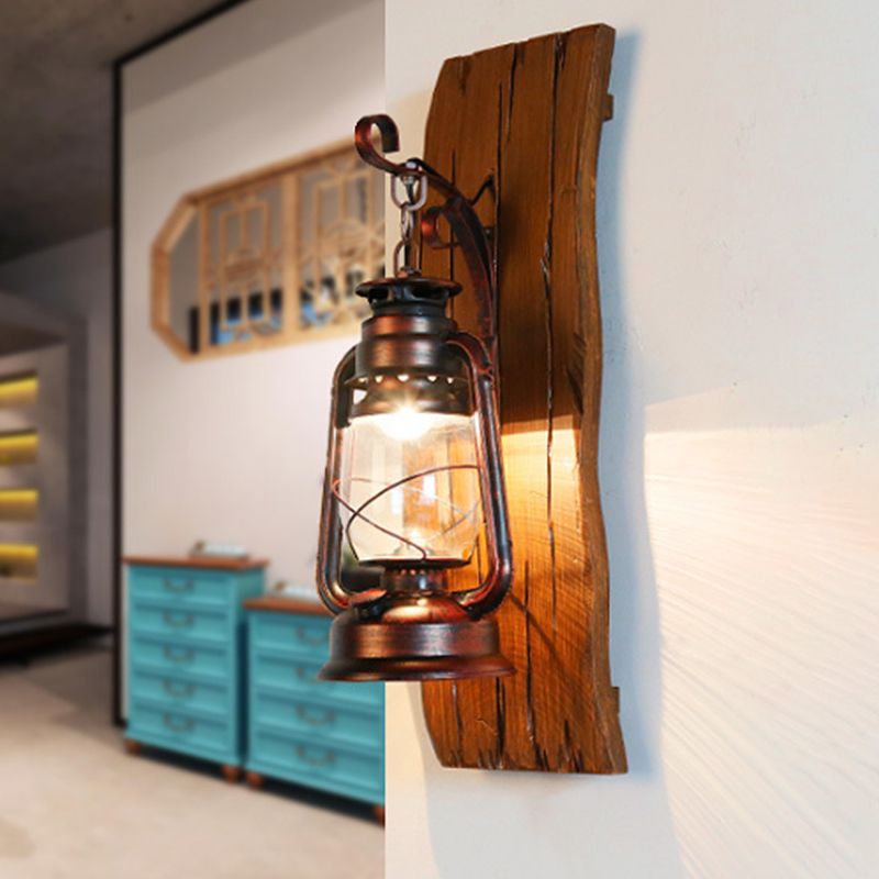 Brown Kerosene Lamp Wall Sconce Antique Clear Glass 1-Head Lodge Wall Light with Wood Backplate