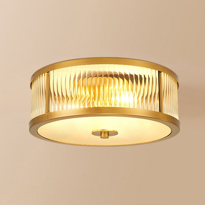 Brass Drum Flush Mount Light Traditional Style Glass Ceiling Light for Bedroom Living Room