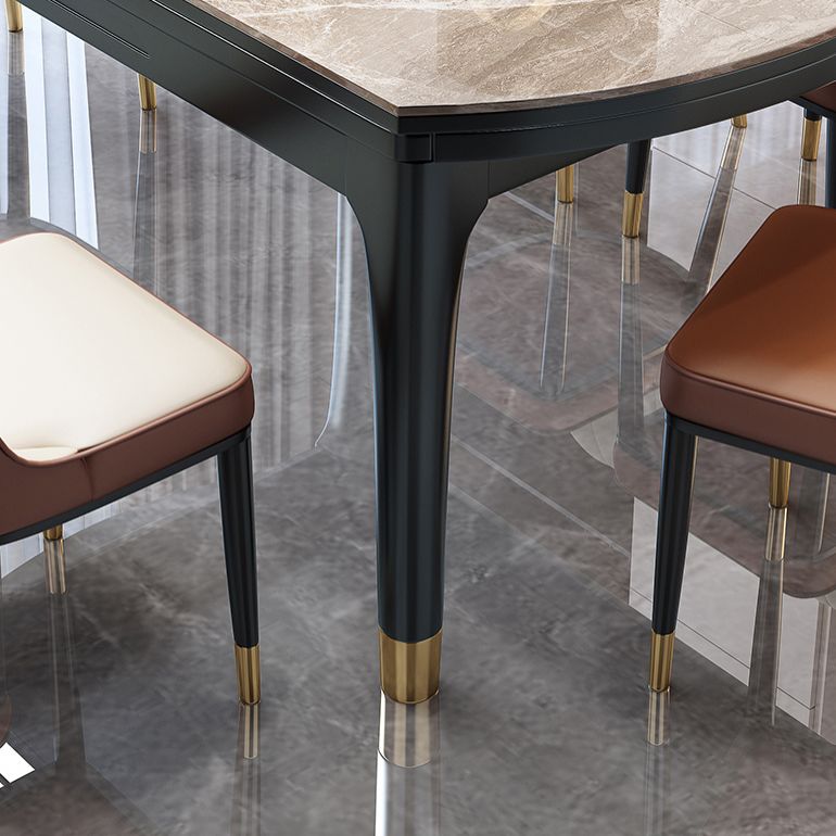 Modern Round Extendable Dining Table Stone Tabletop with Black Wood Legs