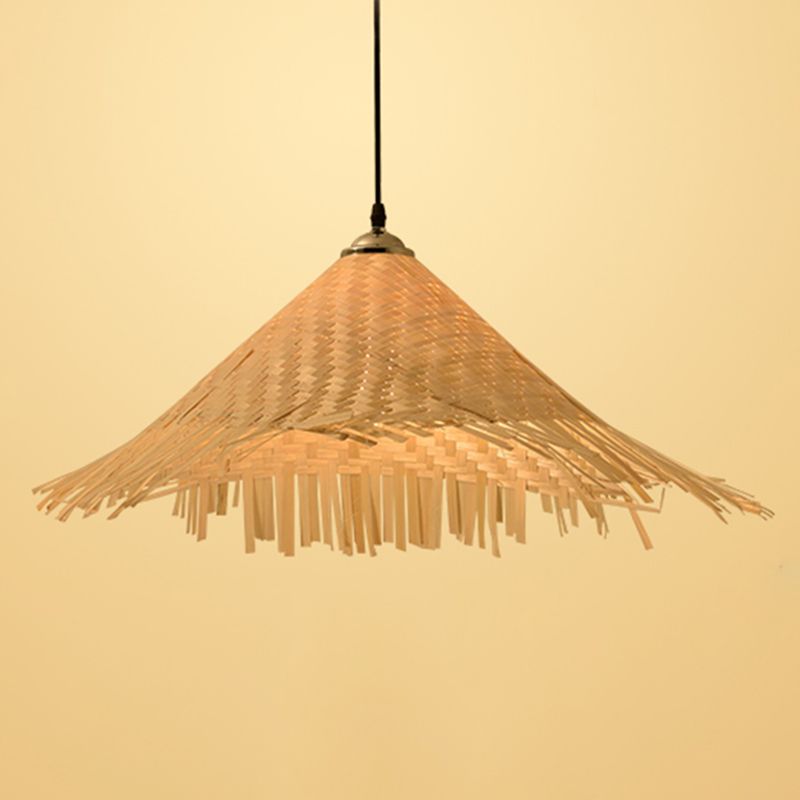 Straw Hat Suspension Lighting Asian Bamboo 1 Bulb Beige Ceiling Pendant for Restaurant
