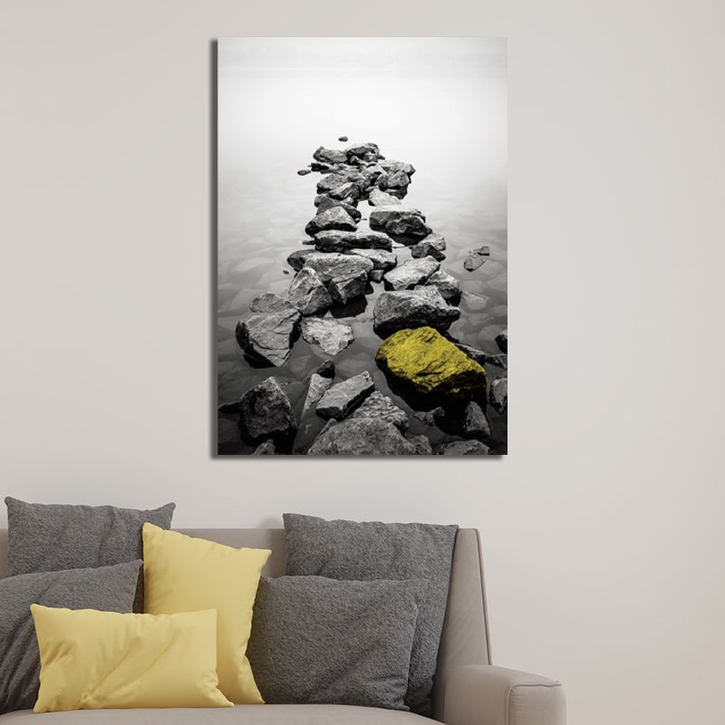 Retro River Rock Shore Canvas Wall Art Grey Textured Surface Wall Decor for Bedroom