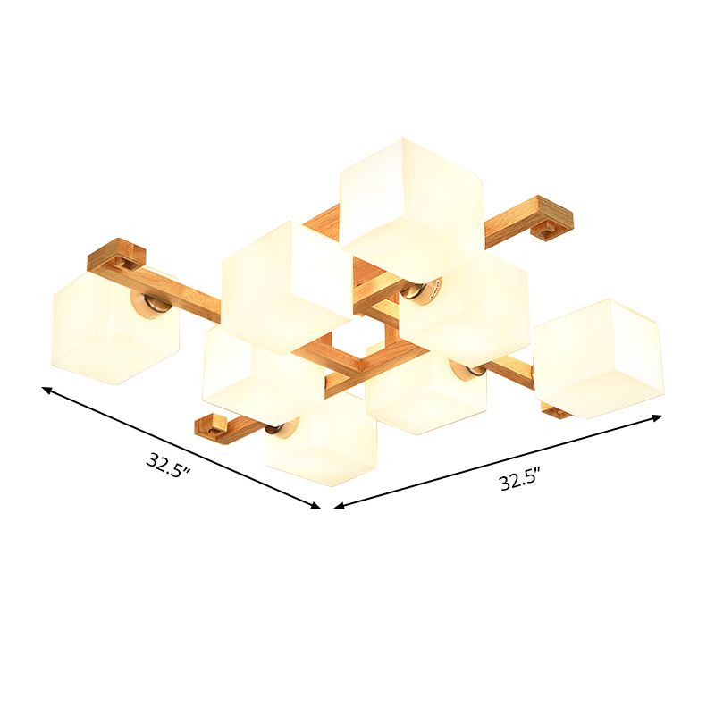 Cube Shade Living Room Ceiling Lamp Opal Glass & Wood Modern LED Flush Ceiling Light in Beige