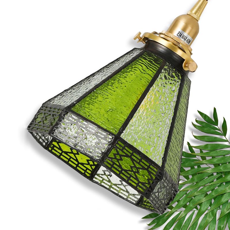 Stained Glass Shade Tiffany Hanging Light Brass Bedroom Mini Pendant Lamp with 63" Hanging Wire