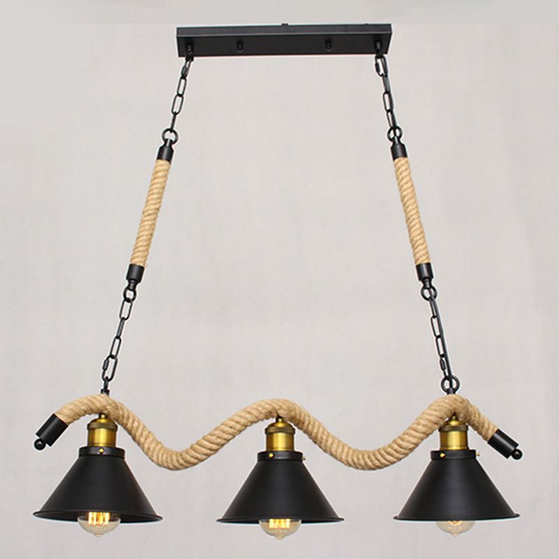 Hemp Rope Island Ceiling Light Vintage Style Restaurant Island Chandelier Light with Cone Metal Shade