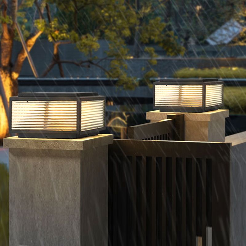 Metal Rectangle Shape Outdoor Light Modern Style 1 Light Solar Pillar Lights in Black