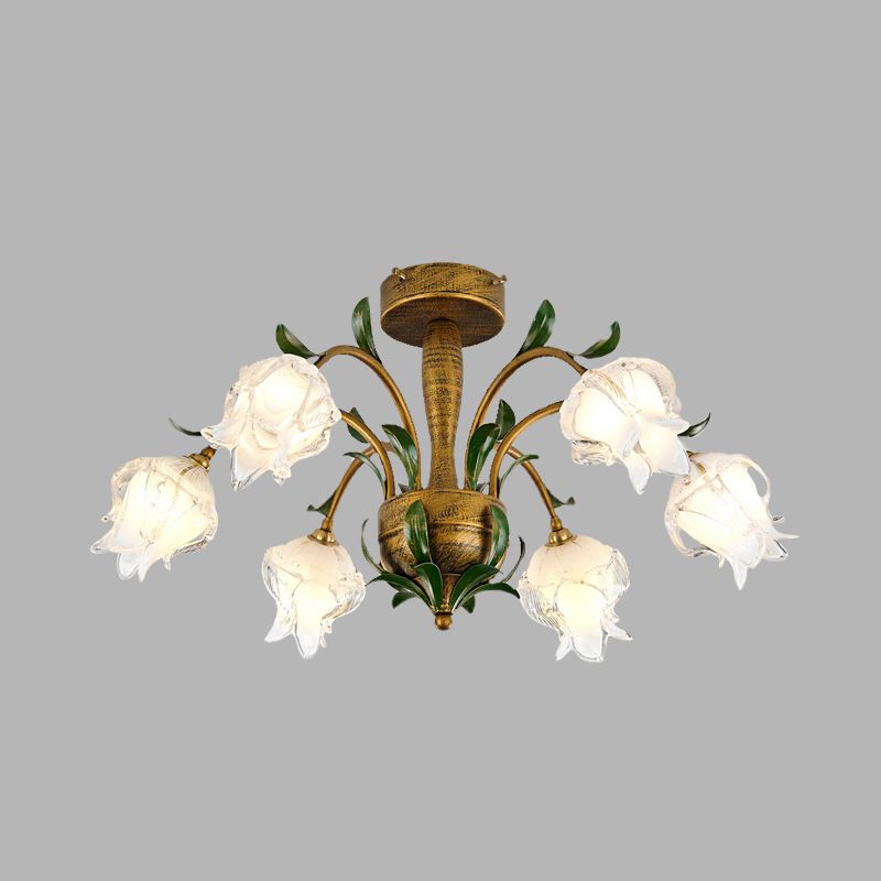 Camera da letto Blossom Semi Flush Light Countryside Bianco/Giallo in vetro 6 luci Accensione del soffitto in ottone