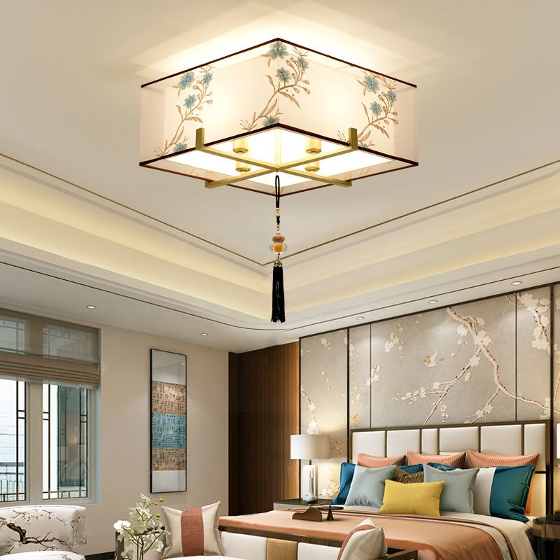 Geometric Bedroom Flush Mount Lighting Traditional Fabric White Flush Light Fixture