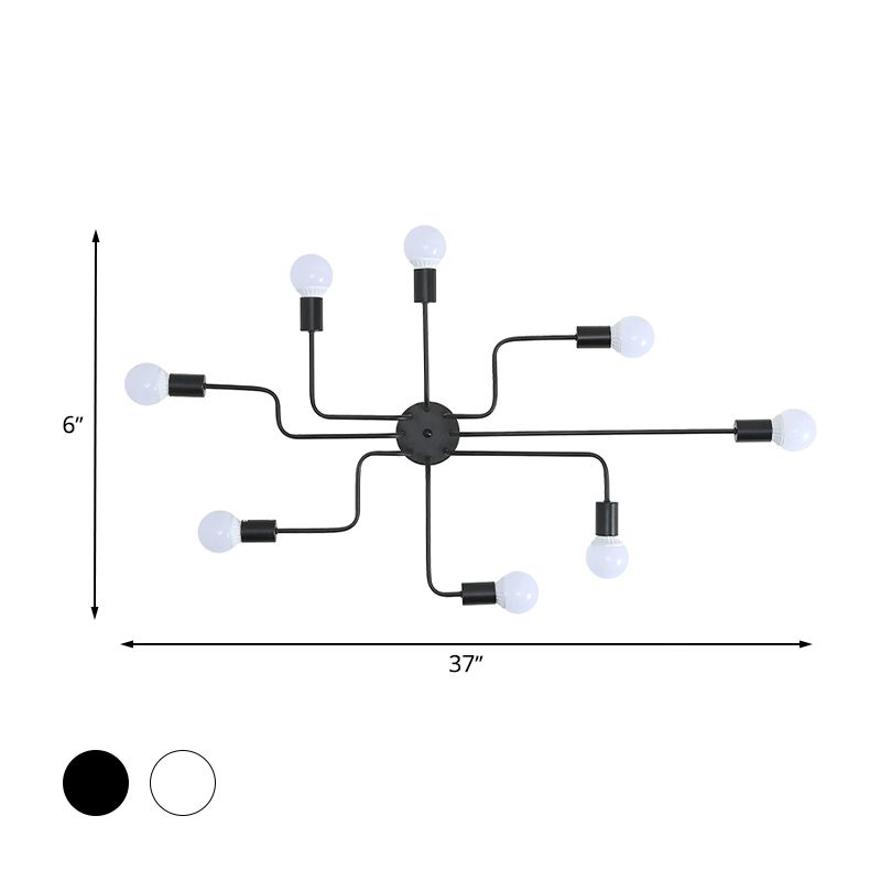 Loft Industrial Exposed Semi Flush Light Fixture 4/6-Head Metallic Ceiling Light Fixture in Black/White for Living Room