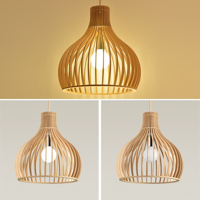 Modern Wood Pendant Lighting Fixture 1-Light Suspension Pendant Light in Natural Wood