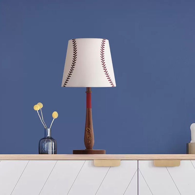 Conical Fabric Table Light Modernism 1-Light Brown/Wood Nightstand Lamp with Baseball Design