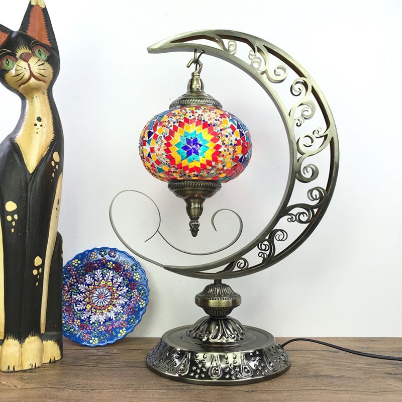 Global Bedroom Nightstand Lamp Decorative Stained Glass 1 Light White/Red/Pink Desk Light with Moon Design