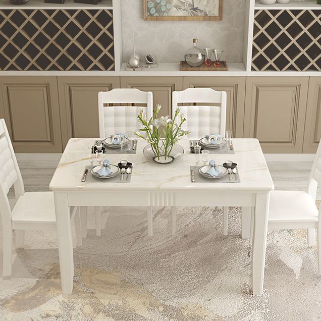 Contemporary Style Marble Dining Set with White Fixed Table and 4 Legs Base for Home Use
