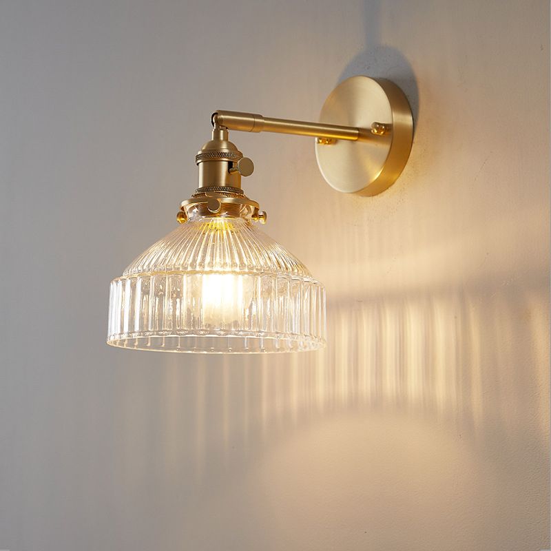 Industrial Wall Lamp Pressed Ribbed Glass Wall Light Sconce in Gold Finish for Bedroom
