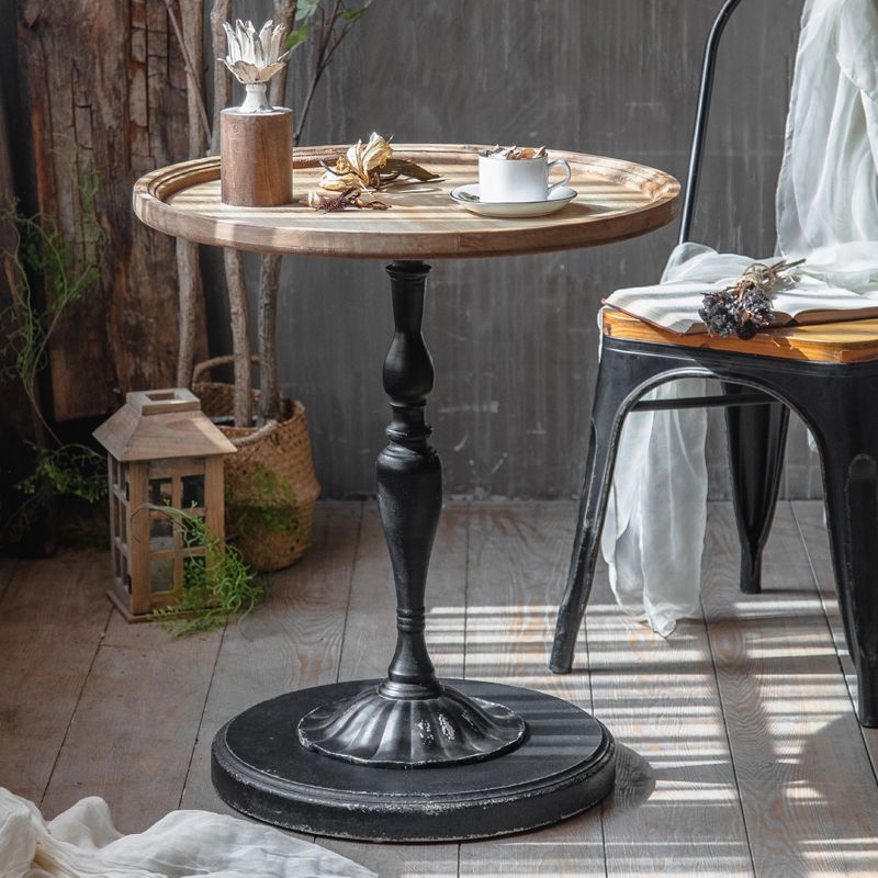 Round Wood Top Coffee Table Iron Pedestal Cocktail Table - Distressed Surface Treatment