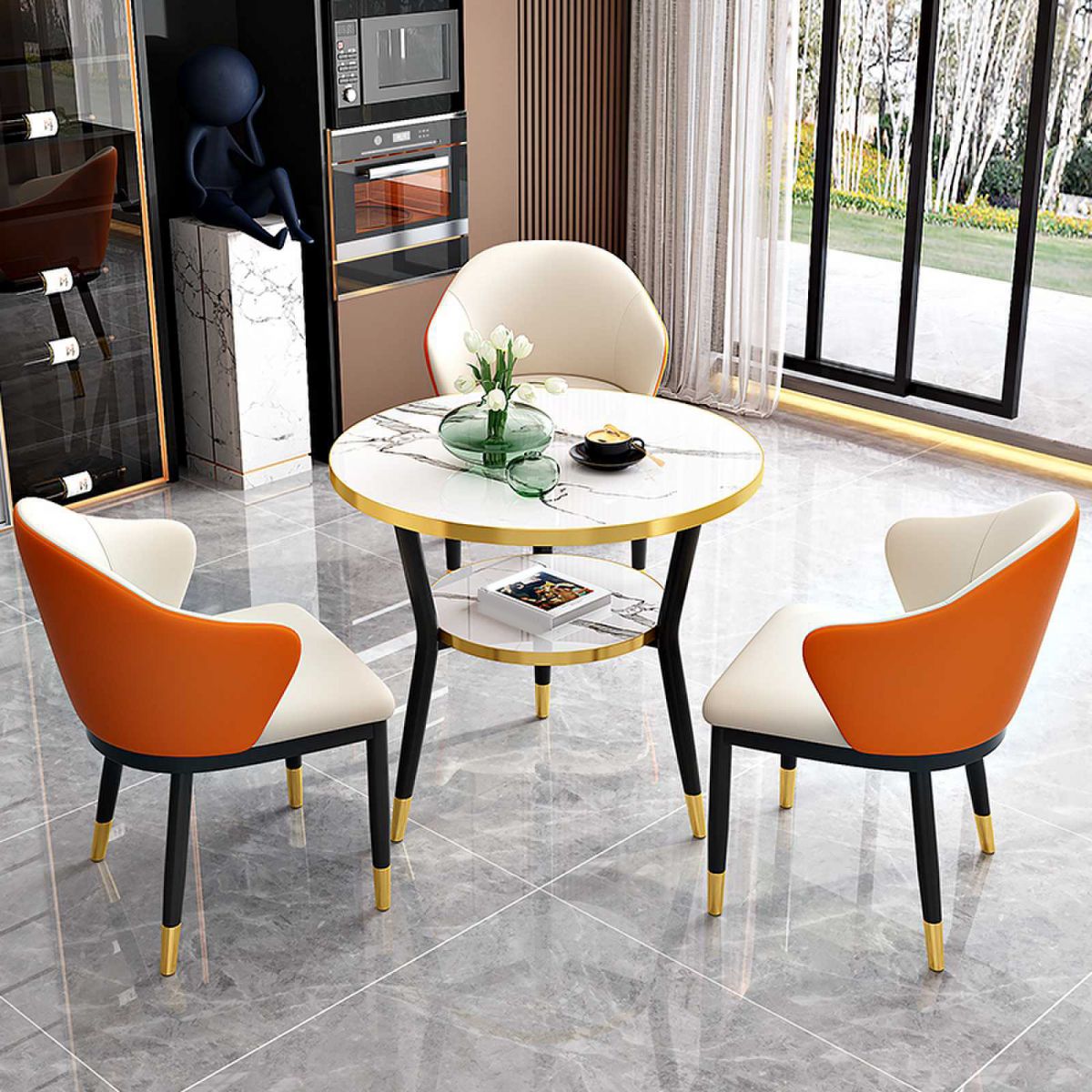Glossy White Stone Dining Table Set 1/2/4 Pcs Glam Dinette Set with Leather Chairs