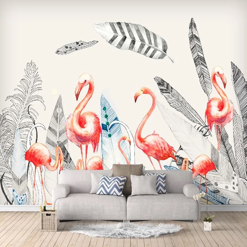 Waterproof Flamingo and Feather Mural Customized Elegant Wall Art for Accent Wall