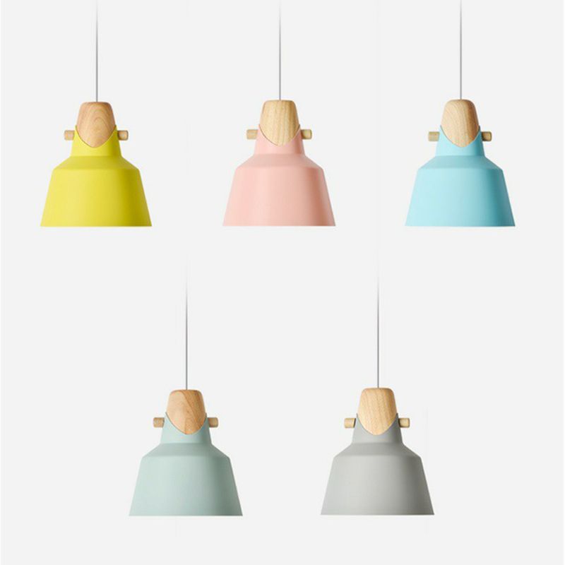 Restaurant effilé Plafond Light Metal Metal 1 Bulbe Macaron Pendant Lumière avec décor en bois