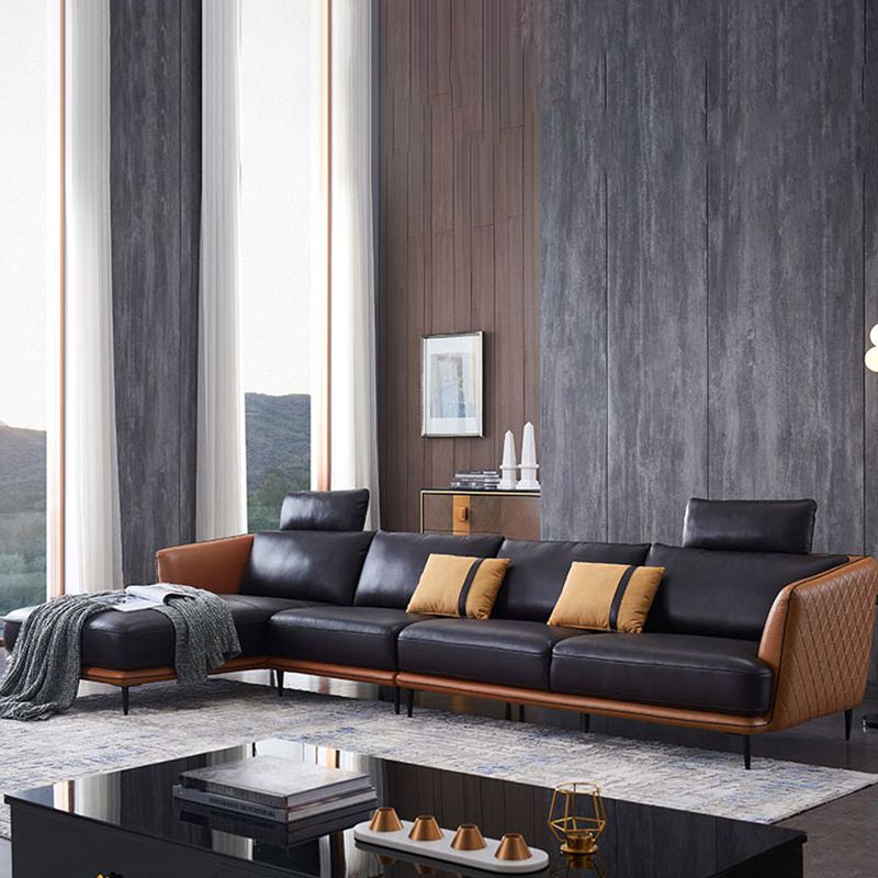 Mid Century Genuine Leather Sectionals Loose Back Sectional & Chaise in Brown