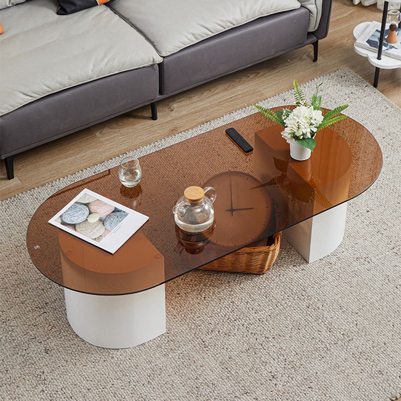 Modern Oval Glass Top Coffee Table with White Wooden Base Cocktail Table