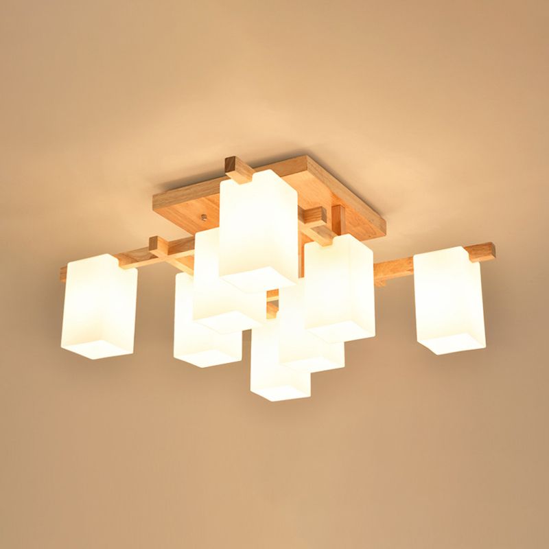 Square Semi Flush Light Modern Wood Living Room Flush Mount Ceiling Chandelier with Rectangle White Glass Shade