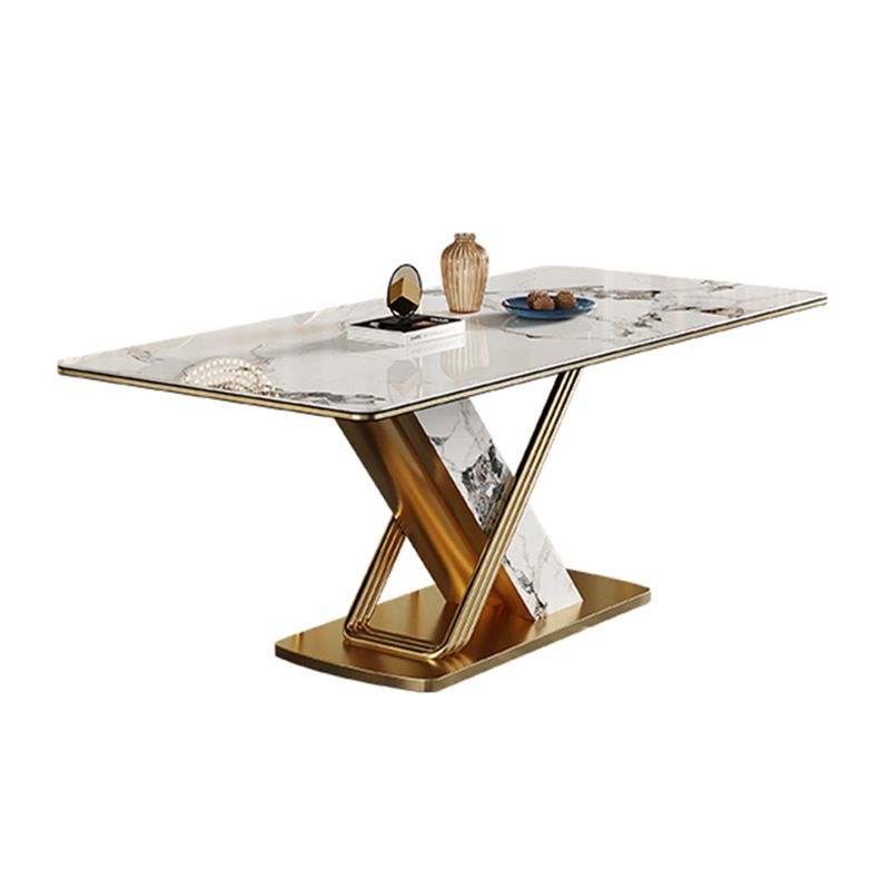 Traditional Luxury Style Dining Table Rectangle White Sintered Stone Table with Gold Frame