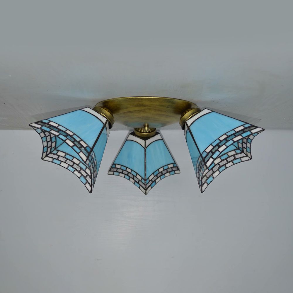 3 Heads Geometric Flushmount Light Vintage Stained Glass Flush Mount Ceiling Light in Yellow/Sky Blue/Pink/Green/Dark Blue for Bedroom