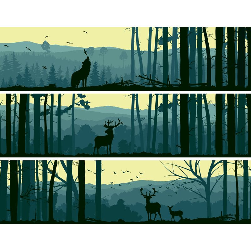 Aqua Forest Scenery Mural Decal Animal Modern Moisture Resistant Wall Art for Home