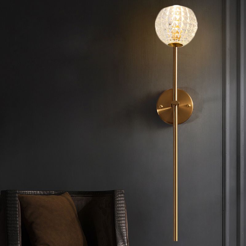 1-Light Wall Lamp Simple Globe/Cone Clear Grid Glass Sconce Light with Clean-Lined Arm in Gold for Hallway
