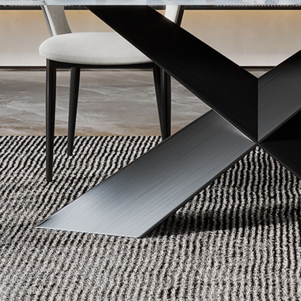 Modern Rectangular White Stone Top Dining Table with Black Steel Double Pedestal