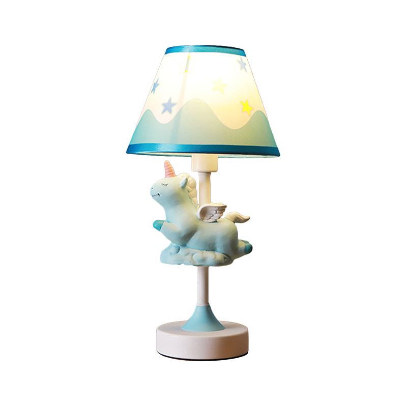 Unicorn Schlafzimmer Nachtlichtharz 1 Licht Cartoon Nachttischlampe in Rosa/Gelb/Blau mit Kegelstoffschatten
