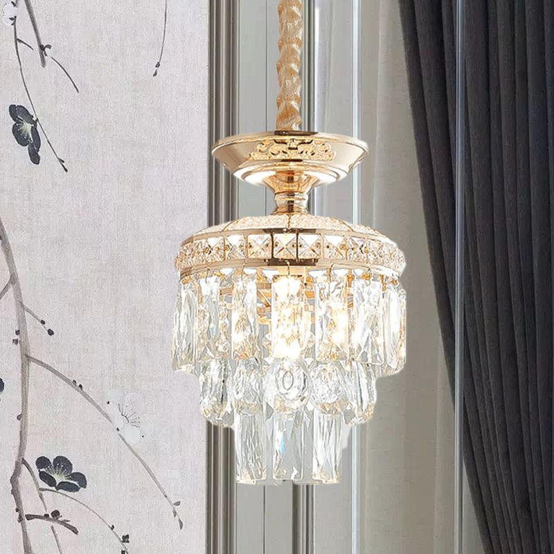 Crystal Lotus/Tiered Pendulum Light Traditional 1 Bulb Dining Room Suspension Pendant in Gold