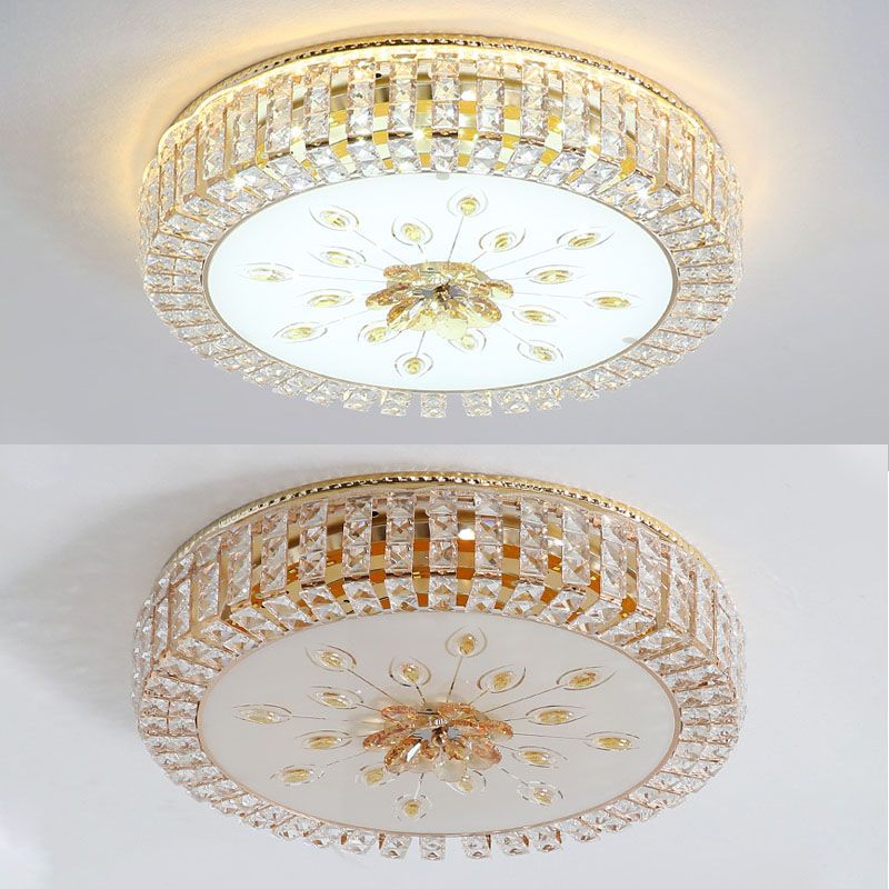 Gold Circular LED Ceiling Light in Modern Luxury Style Crystal Flush Mount with Glass Shade