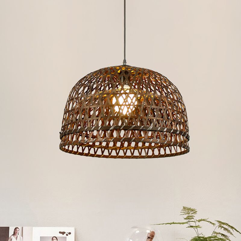 Brown/Wood Dome Shade Hanging Light Modern Style 13"/21" Dia 1 Light Bamboo Pendant Lamp for Restaurant